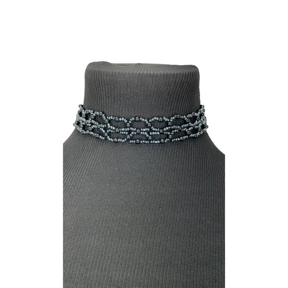 Classic Hand Made Black Pearl Beaded Like Lace‎ Woven Choker Fashion Necklace - Picture 1 of 7